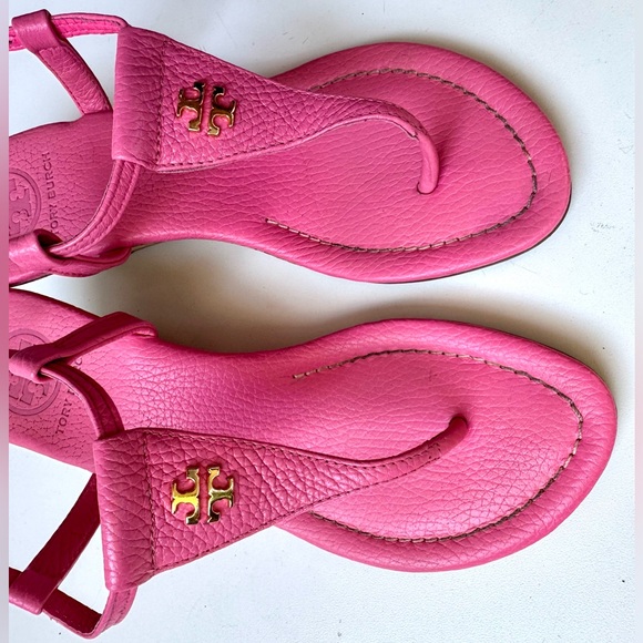 Tory Burch Thong Demi Wedge Sandals - Britton in Pink, Gold Logo, size 5.5 - Picture 2 of 11